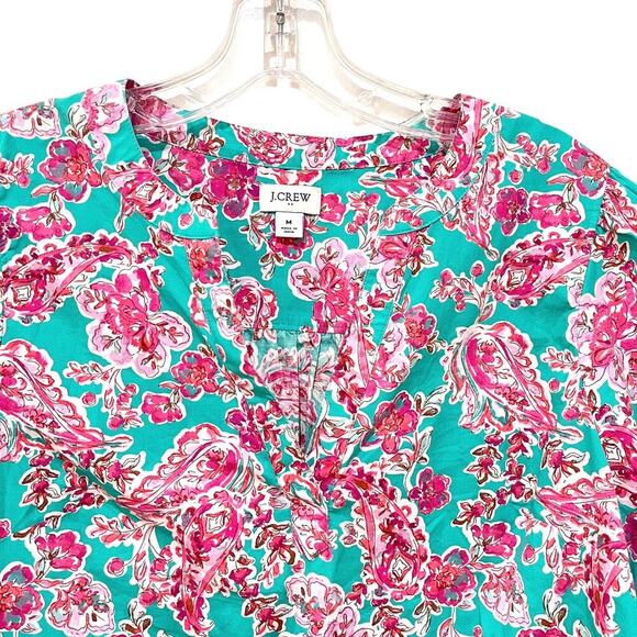 J Crew Factory Women’s SZ M Cotton Poplin Popover Top Puff Sleeve Green & Pink - Picture 3 of 8
